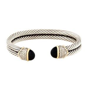 DAVID YURMAN STERLING SILVER & 18K YG ONYX & DIAMOND CAPRI CUFF BRACELET